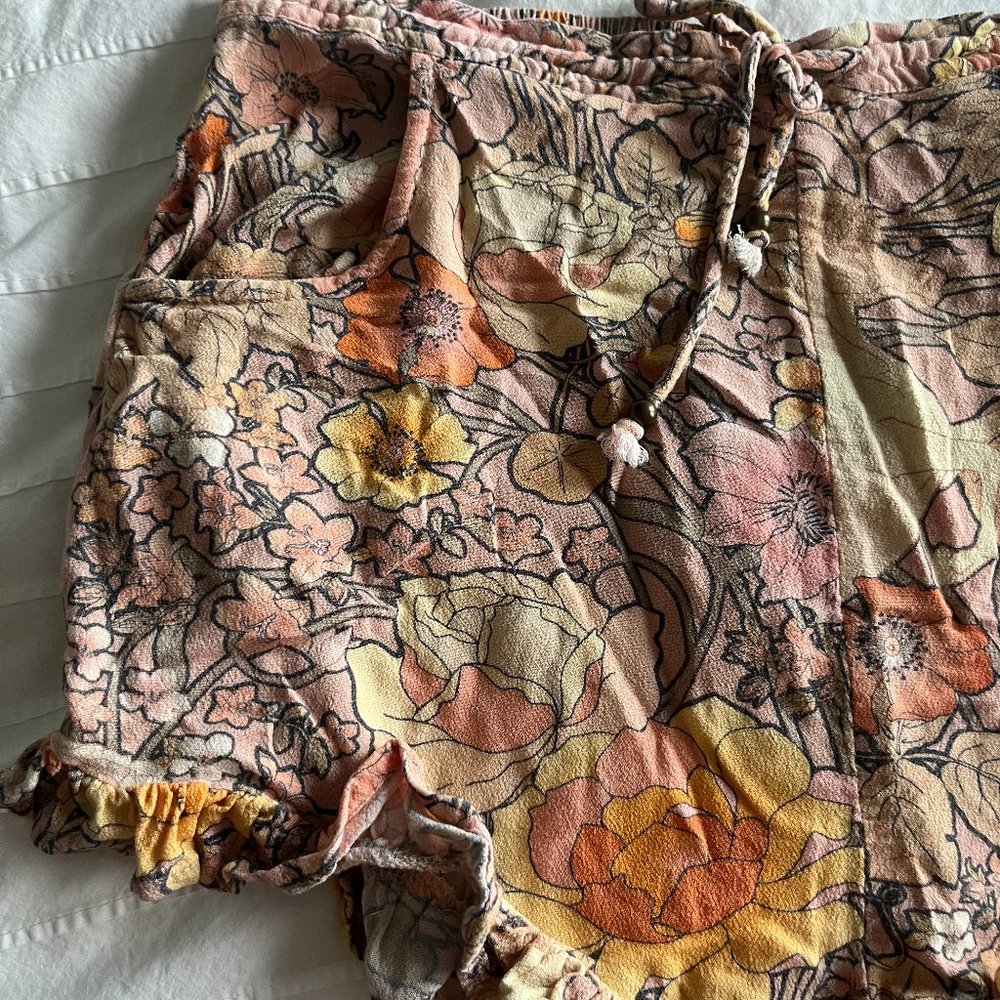 Spell Floral Ruffle Hem Shorts in Pink, Yellow & Orange